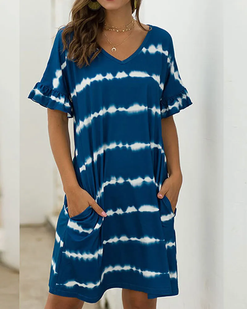 Pocket Striped Mini Dresses Lotus Sleeve