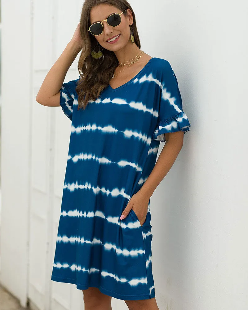 Pocket Striped Mini Dresses Lotus Sleeve