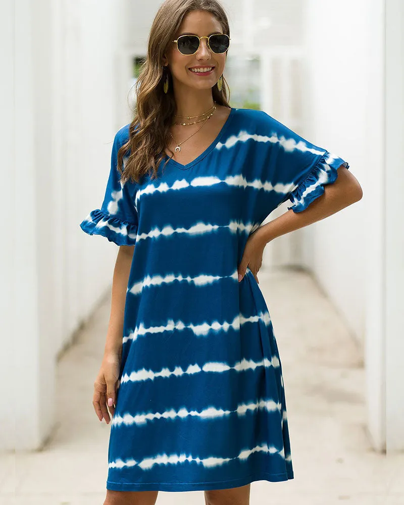 Pocket Striped Mini Dresses Lotus Sleeve