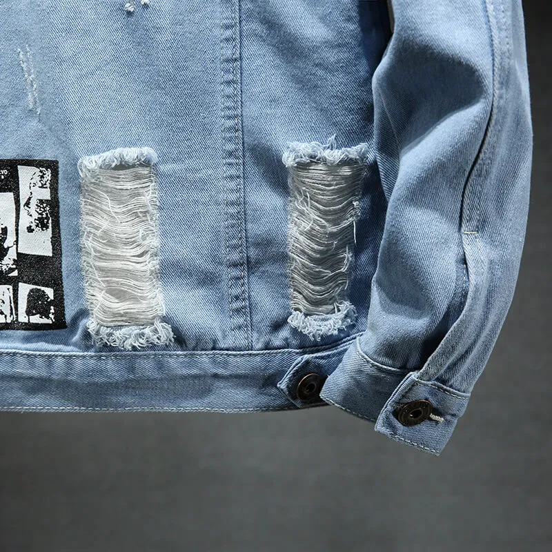 Printed Men's Ripped Jean Jacket Denim Trucker Jacket