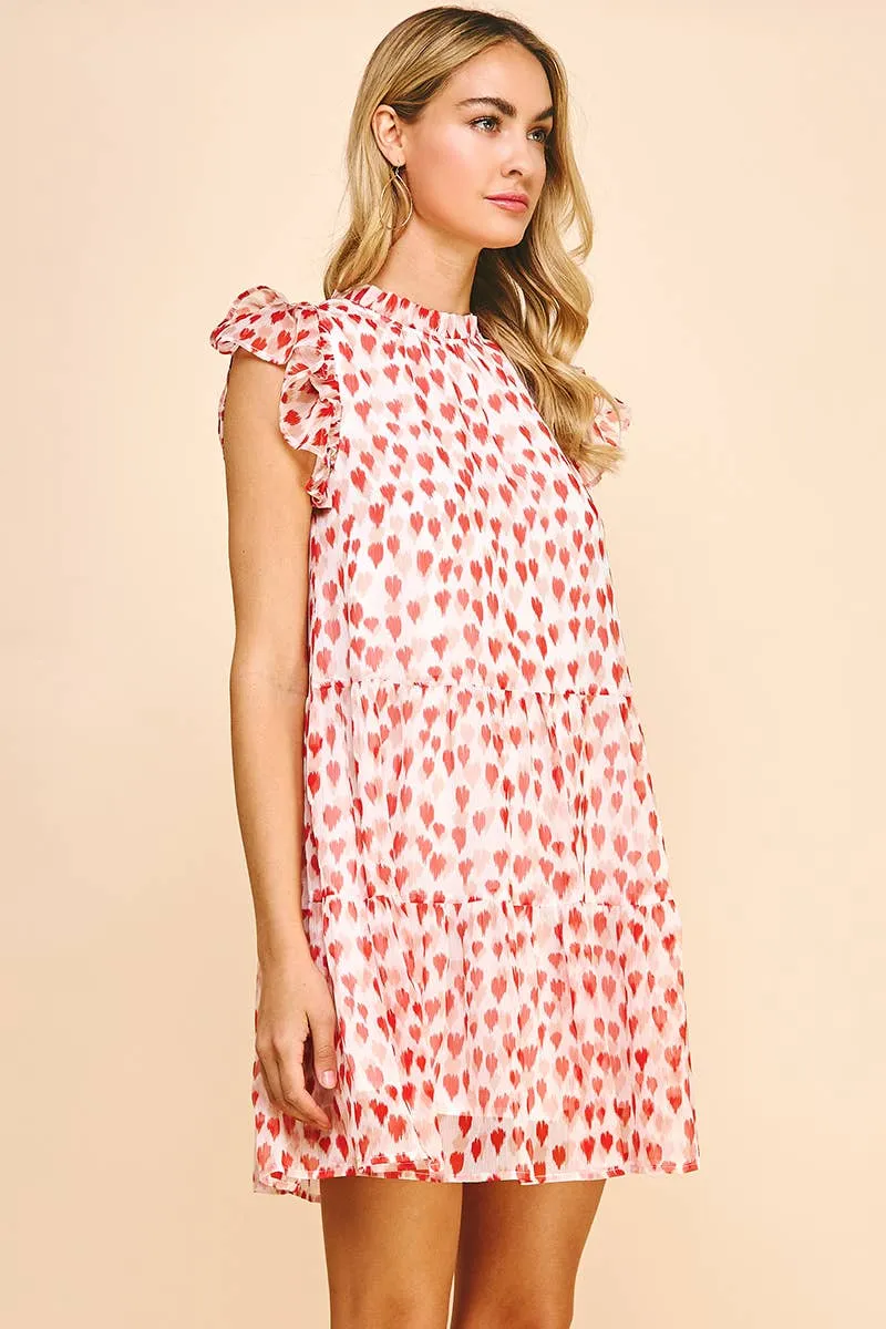 PRINTED TIERED MINI DRESS - IVORY/RED