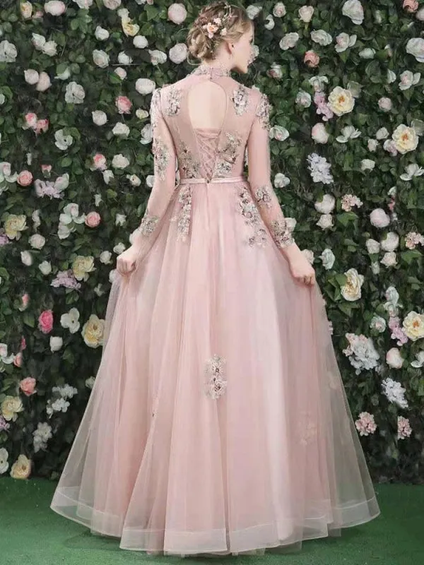 Prom Dress Pink High Collar Soft Tulle Lace A-Line Long Sleeves Lace-Up Beaded Party Dresses