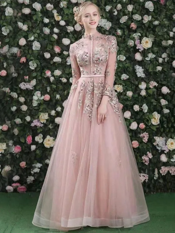Prom Dress Pink High Collar Soft Tulle Lace A-Line Long Sleeves Lace-Up Beaded Party Dresses