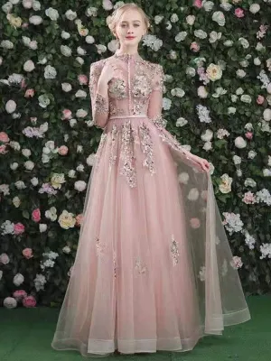Prom Dress Pink High Collar Soft Tulle Lace A-Line Long Sleeves Lace-Up Beaded Party Dresses