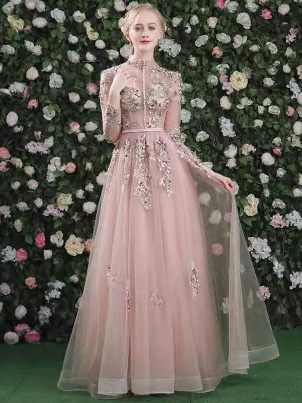 Prom Dress Pink High Collar Soft Tulle Lace A-Line Long Sleeves Lace-Up Beaded Party Dresses