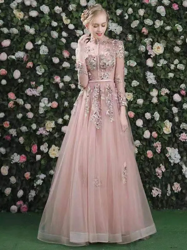 Prom Dress Pink High Collar Soft Tulle Lace A-Line Long Sleeves Lace-Up Beaded Party Dresses