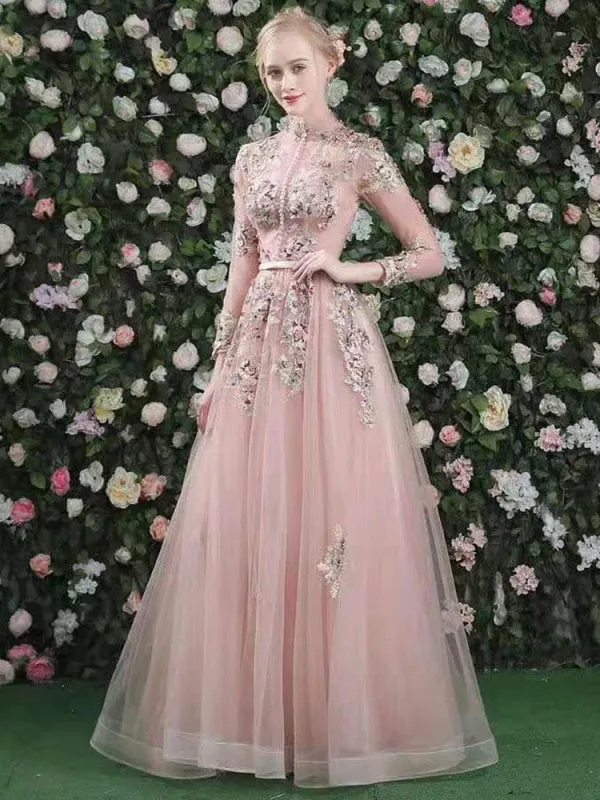 Prom Dress Pink High Collar Soft Tulle Lace A-Line Long Sleeves Lace-Up Beaded Party Dresses