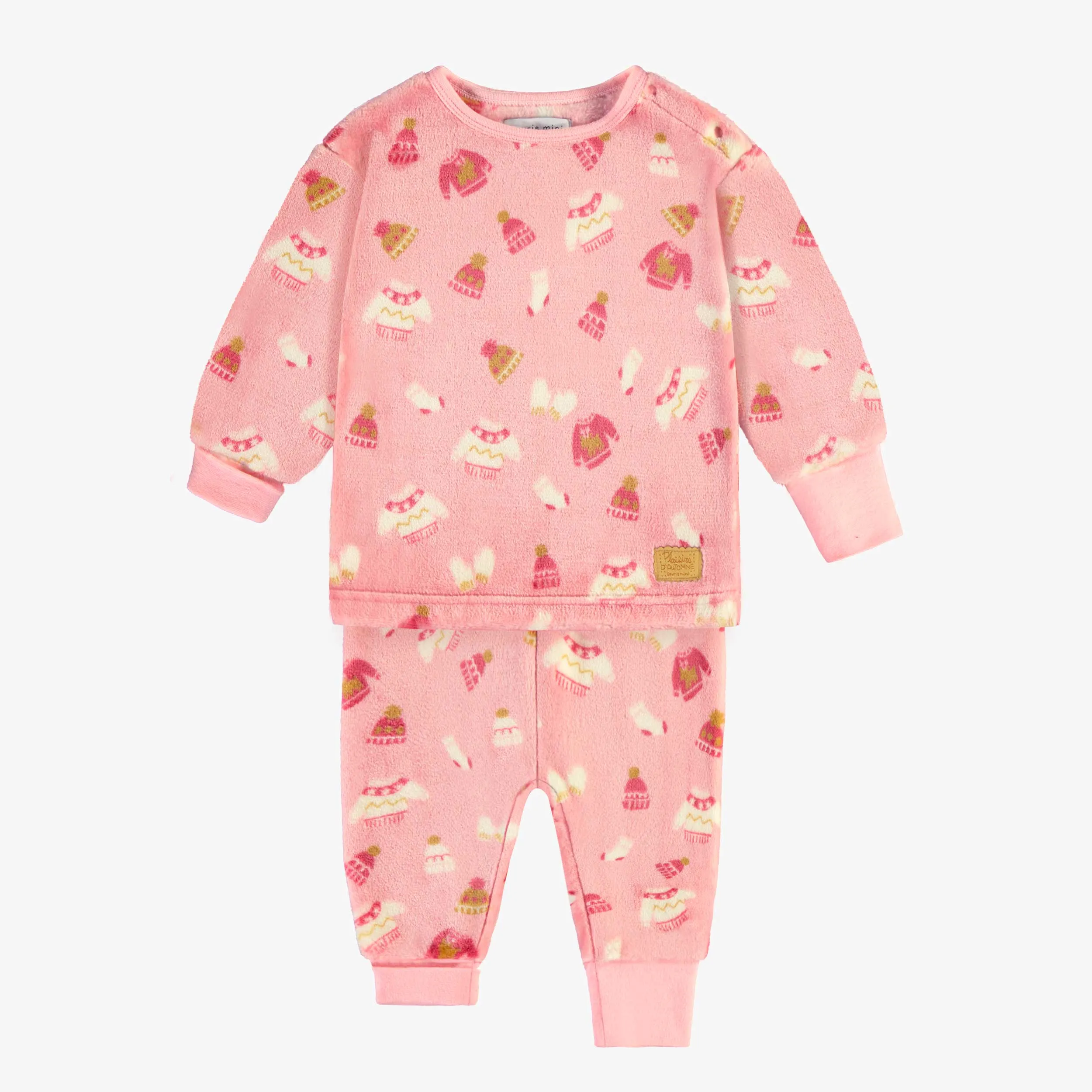 Pyjama deux pièces rose à motif automnal en peluche, bébé || Pink two piece pajamas with autumnal all over print in plush, baby