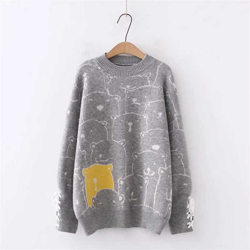 "BEAR PRINT CUFF TIE" SWEATER N123001