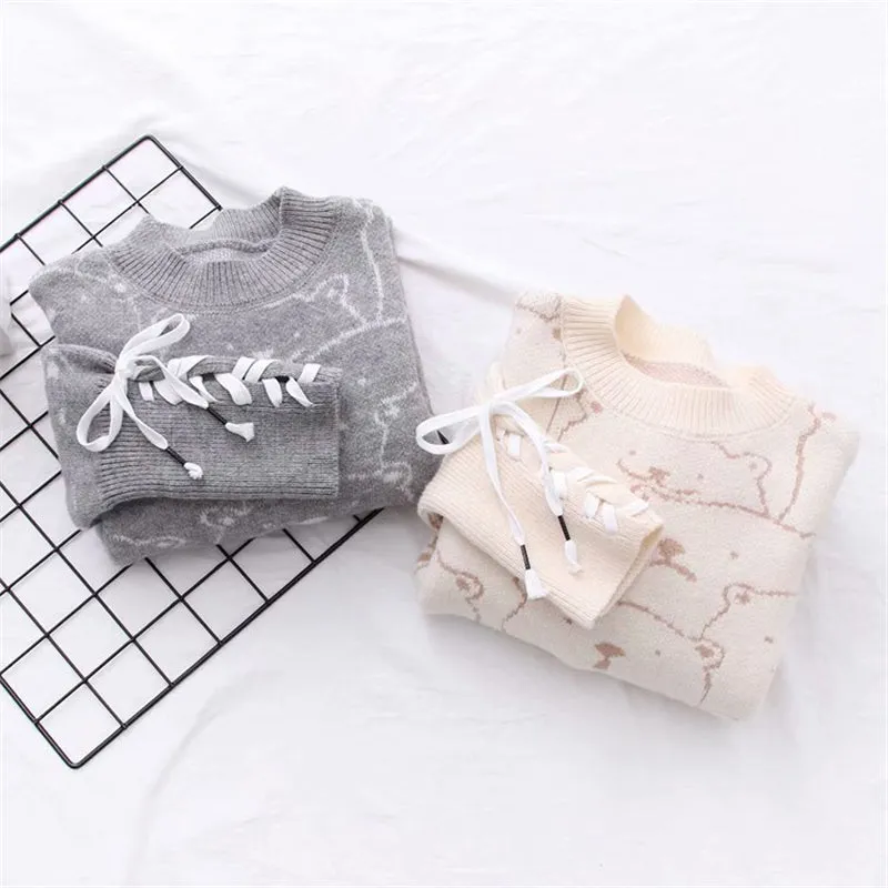 "BEAR PRINT CUFF TIE" SWEATER N123001