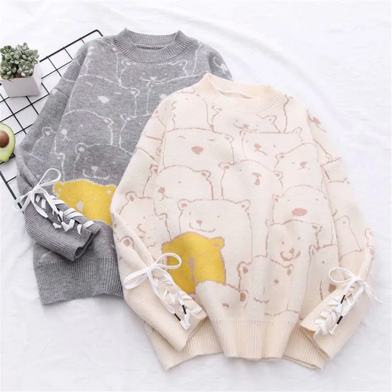 "BEAR PRINT CUFF TIE" SWEATER N123001
