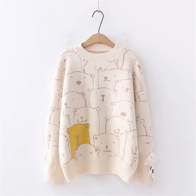 "BEAR PRINT CUFF TIE" SWEATER N123001