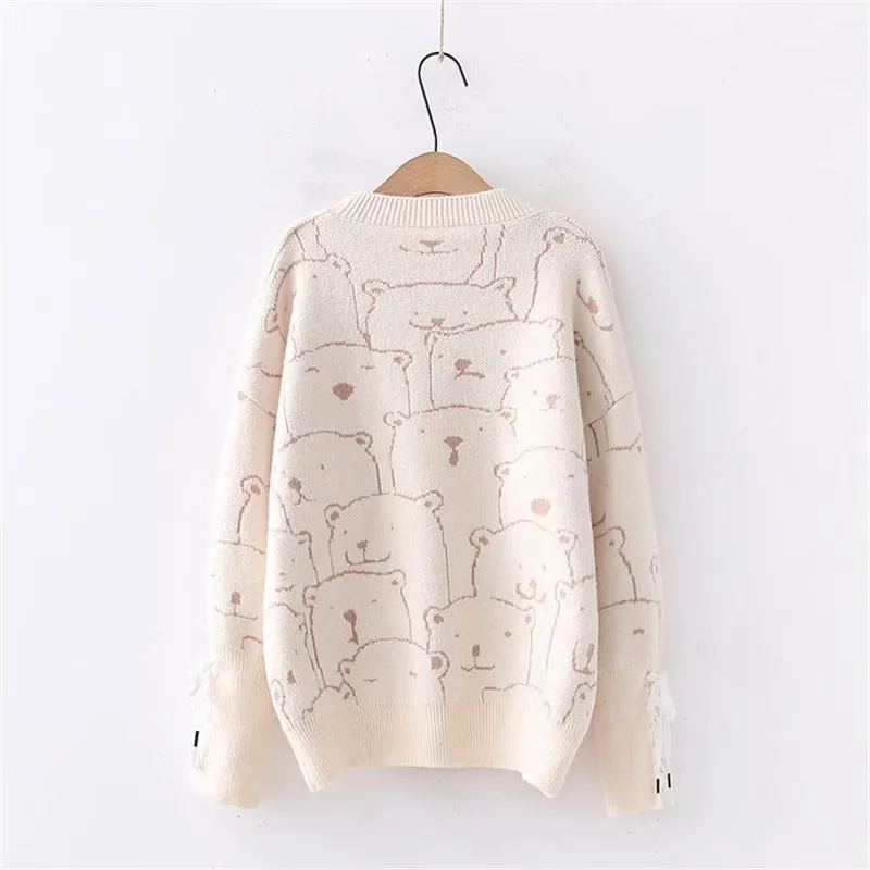 "BEAR PRINT CUFF TIE" SWEATER N123001