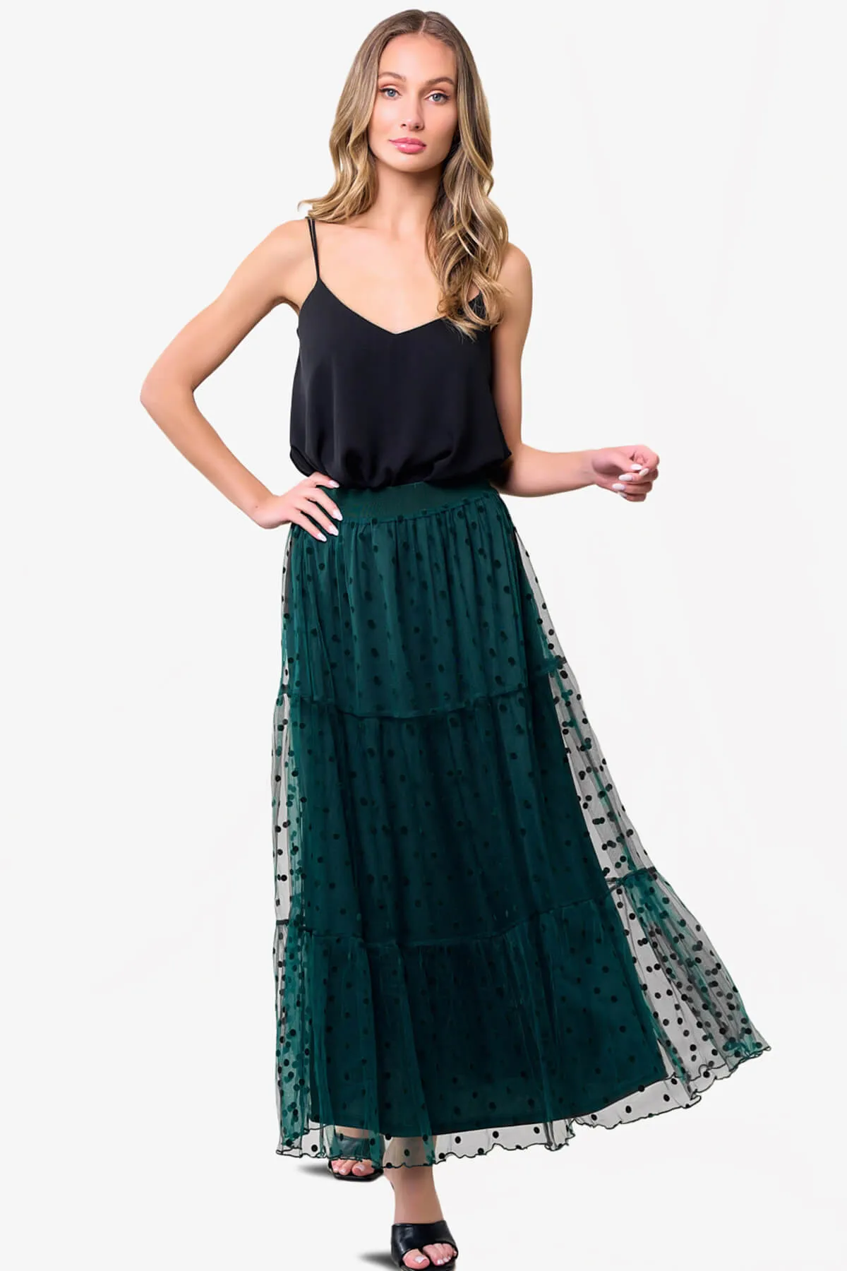 Raige Mesh Dot Tiered A-Line Maxi Skirt
