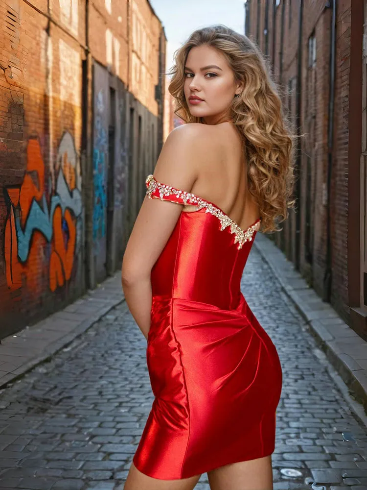 Red Off-the-shoulder Beads Ruched Mini Homecoming Dresses