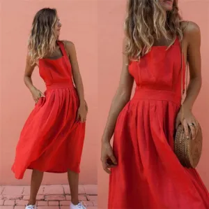 Red Women Straps Midi Length Dresses