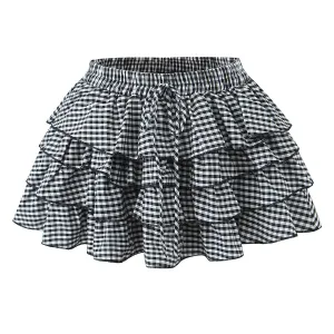 Retro Plaid Cake Short Ruffles Bubble Skirt