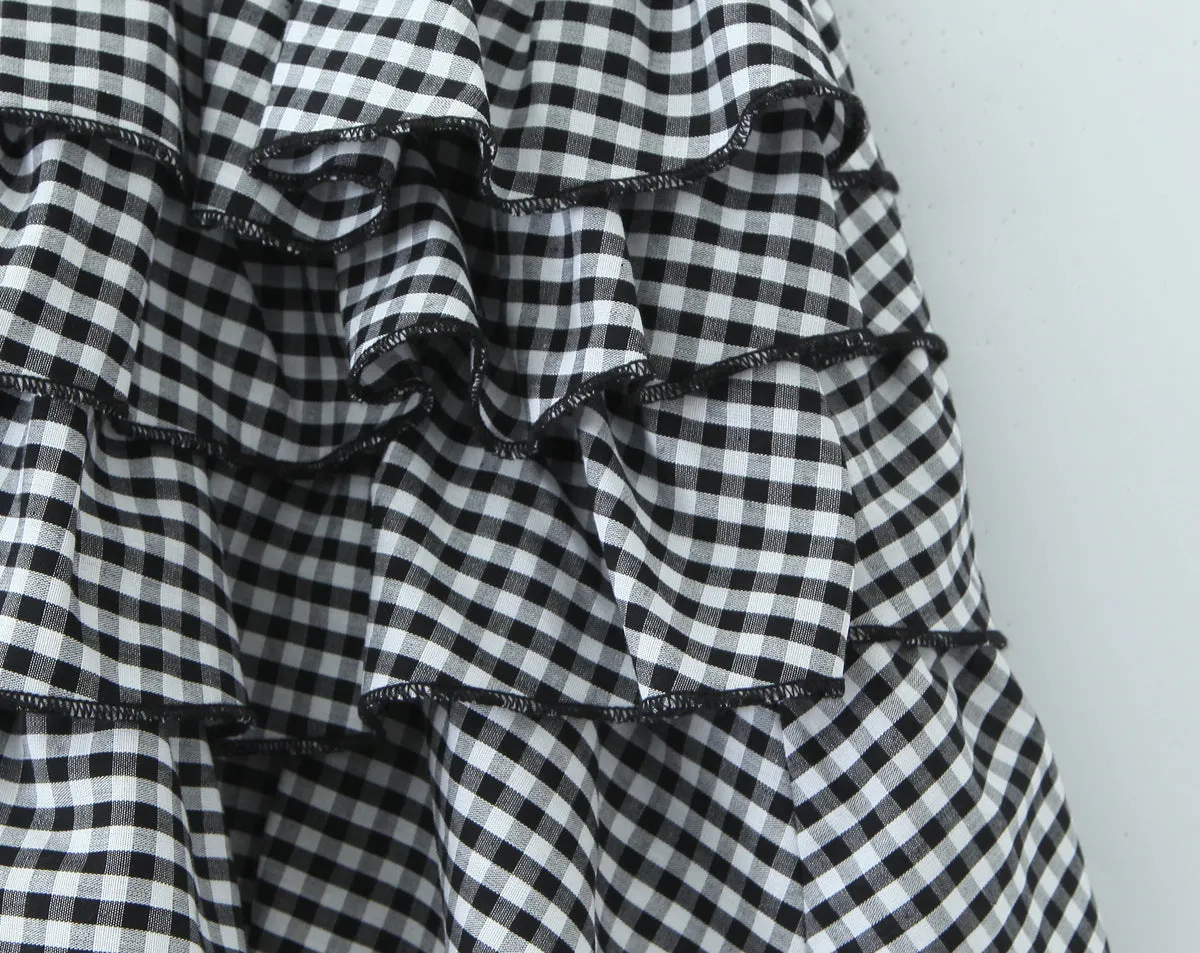 Retro Plaid Cake Short Ruffles Bubble Skirt