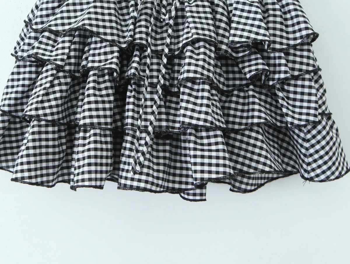 Retro Plaid Cake Short Ruffles Bubble Skirt