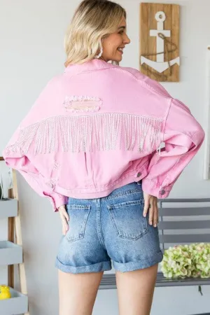 Rhinestone Fringe Distressed Denim Jacket