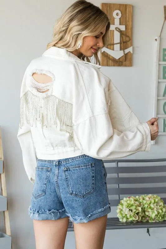 Rhinestone Fringe Distressed Denim Jacket