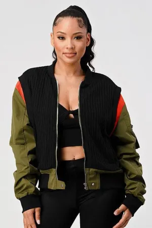 RIBBED BOMBER JACKET WITH SLEEVE POCKETS