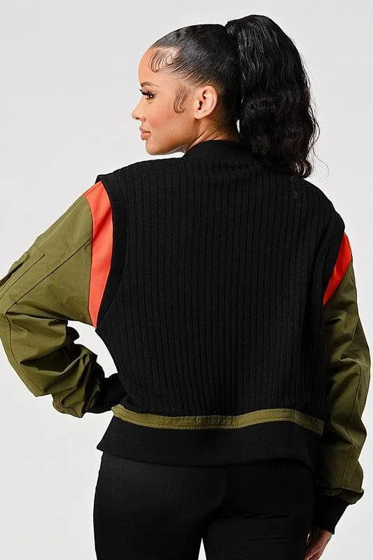 RIBBED BOMBER JACKET WITH SLEEVE POCKETS