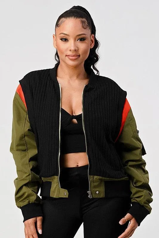 RIBBED BOMBER JACKET WITH SLEEVE POCKETS
