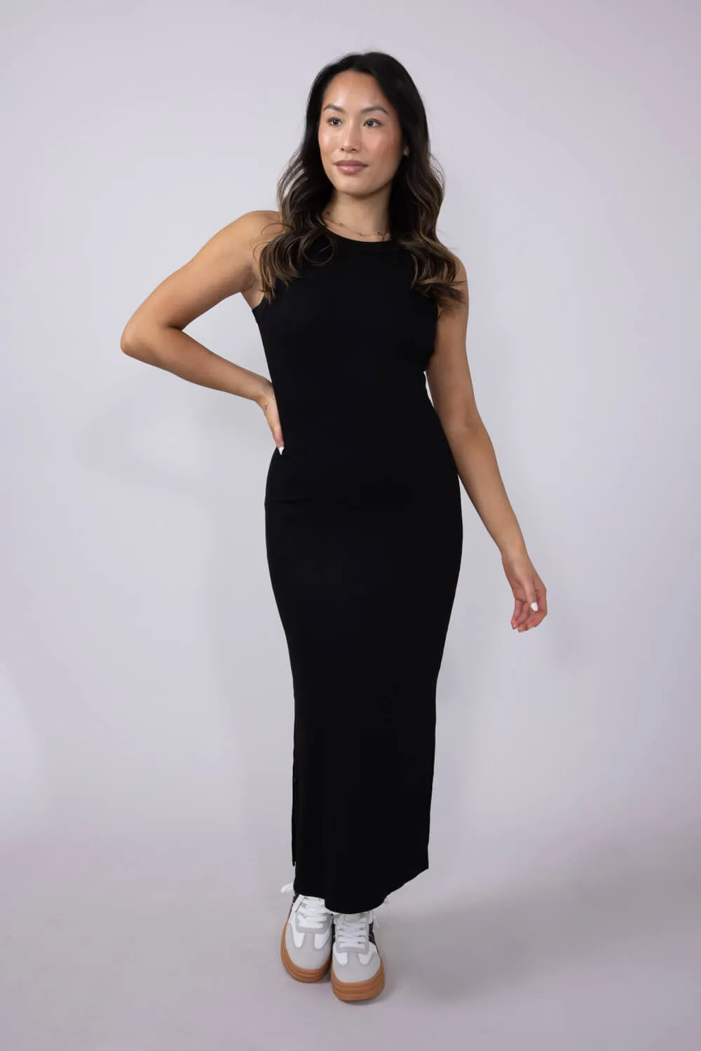 Ribbed Knit Side Slit Dress for Women in Black | H42982-BLK