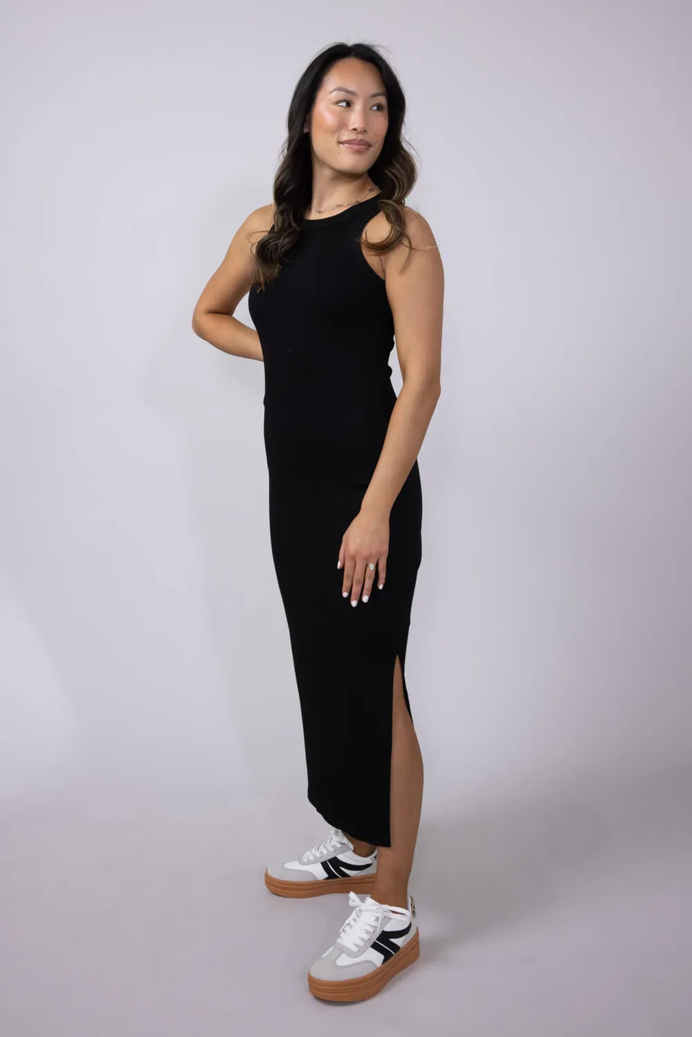 Ribbed Knit Side Slit Dress for Women in Black | H42982-BLK
