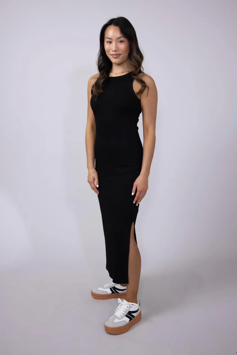 Ribbed Knit Side Slit Dress for Women in Black | H42982-BLK