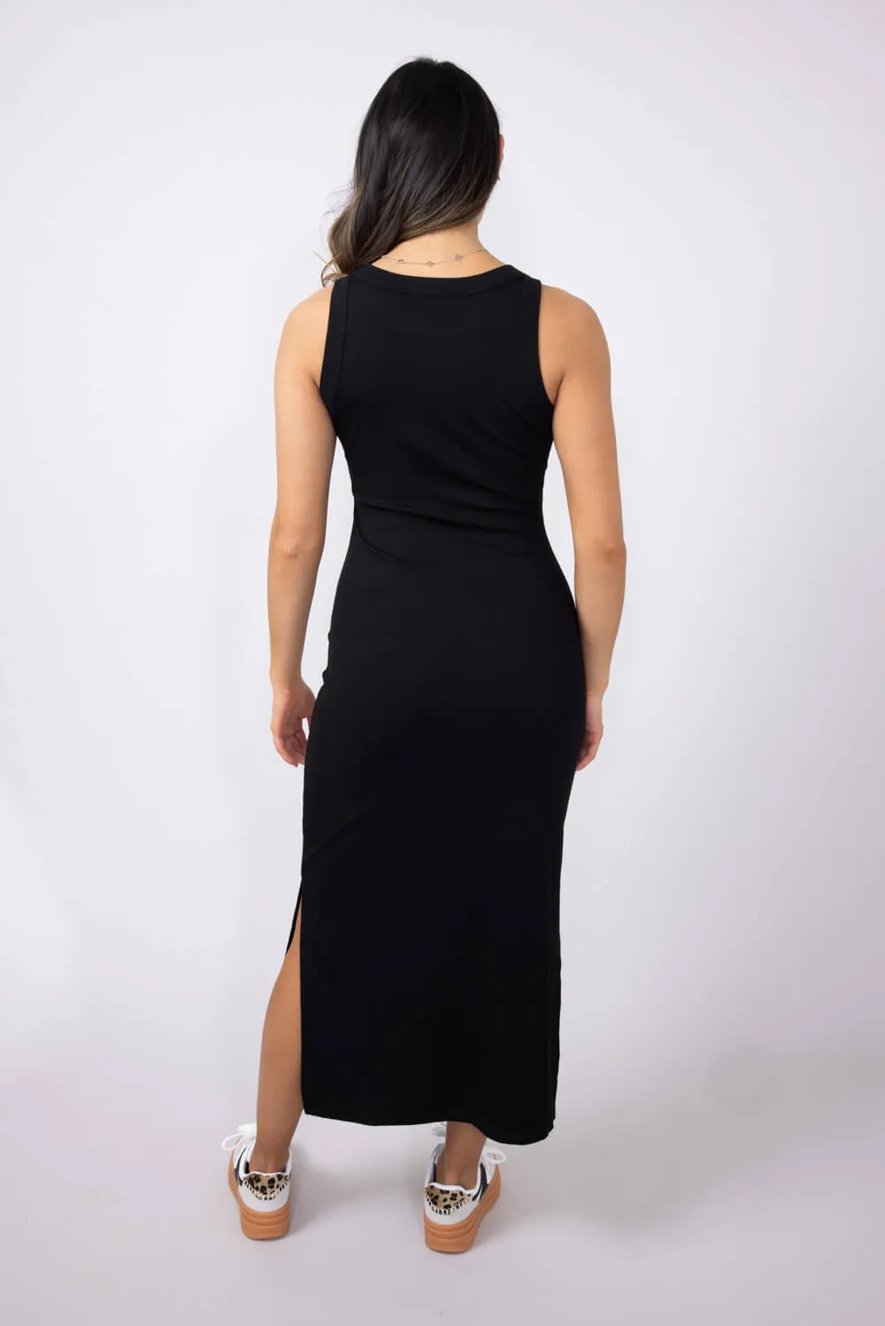 Ribbed Knit Side Slit Dress for Women in Black | H42982-BLK