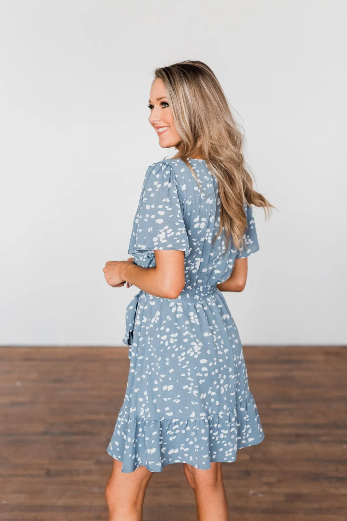 Right Where We Met Speckled Ruffle Dress- Slate Blue