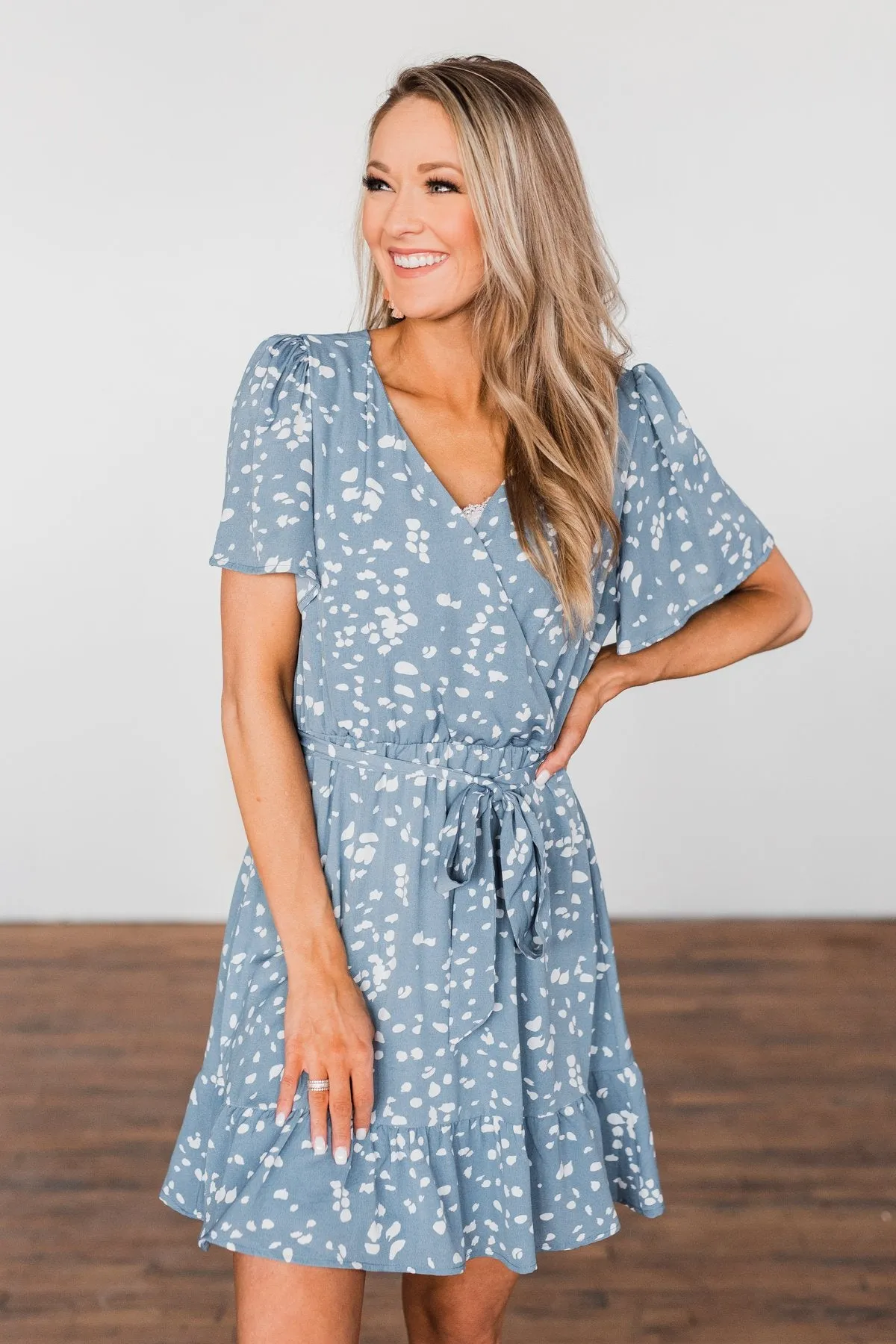 Right Where We Met Speckled Ruffle Dress- Slate Blue