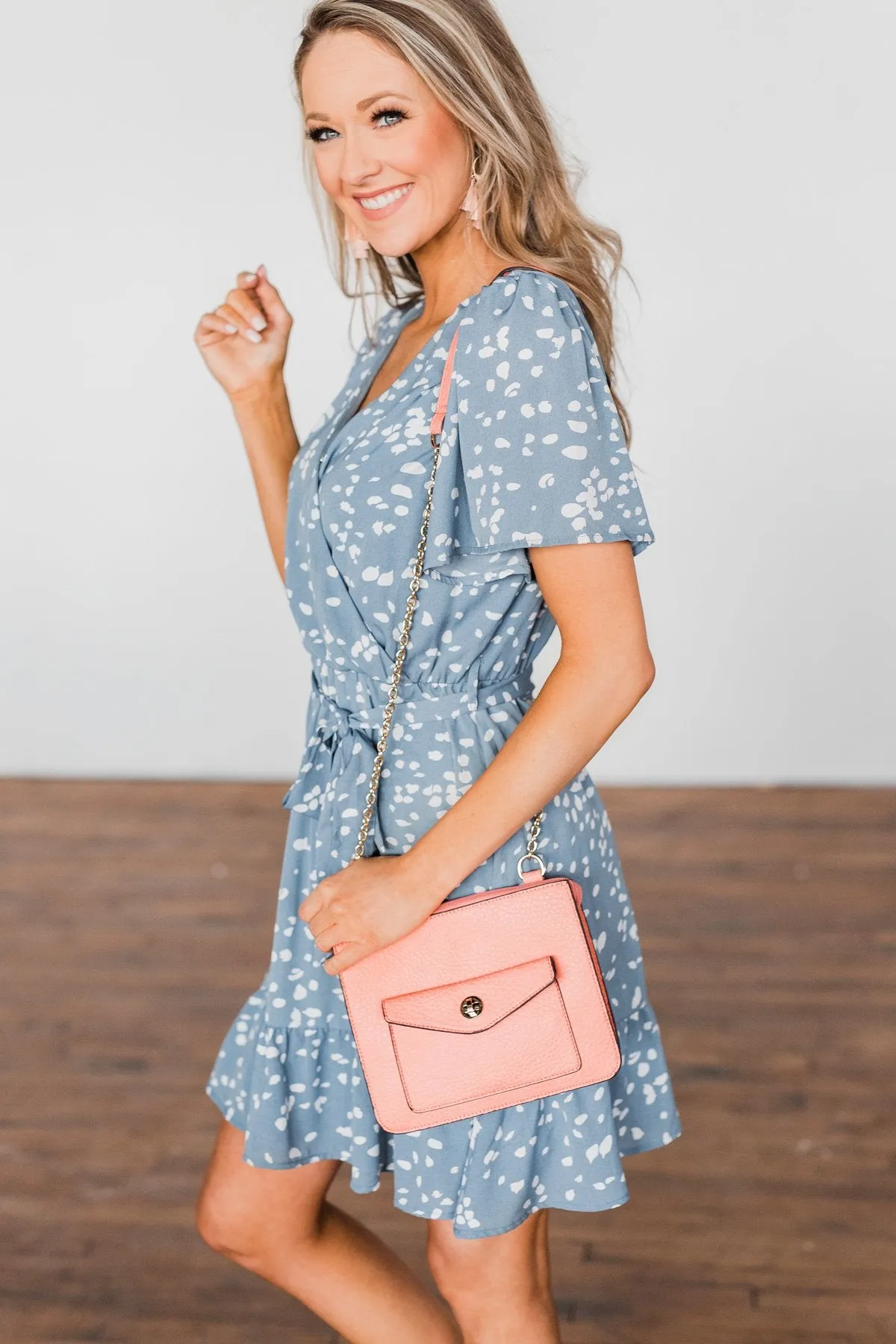 Right Where We Met Speckled Ruffle Dress- Slate Blue