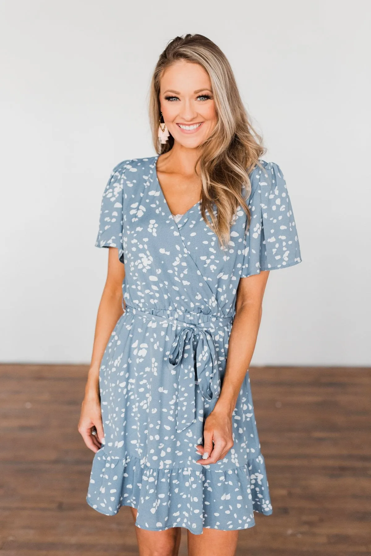 Right Where We Met Speckled Ruffle Dress- Slate Blue