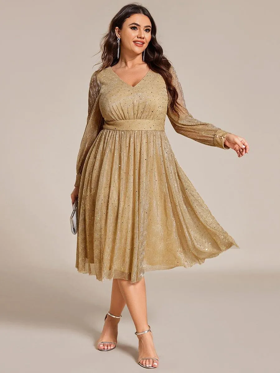 Robe de mariée mi-longue pailletée grande taille à manches longues