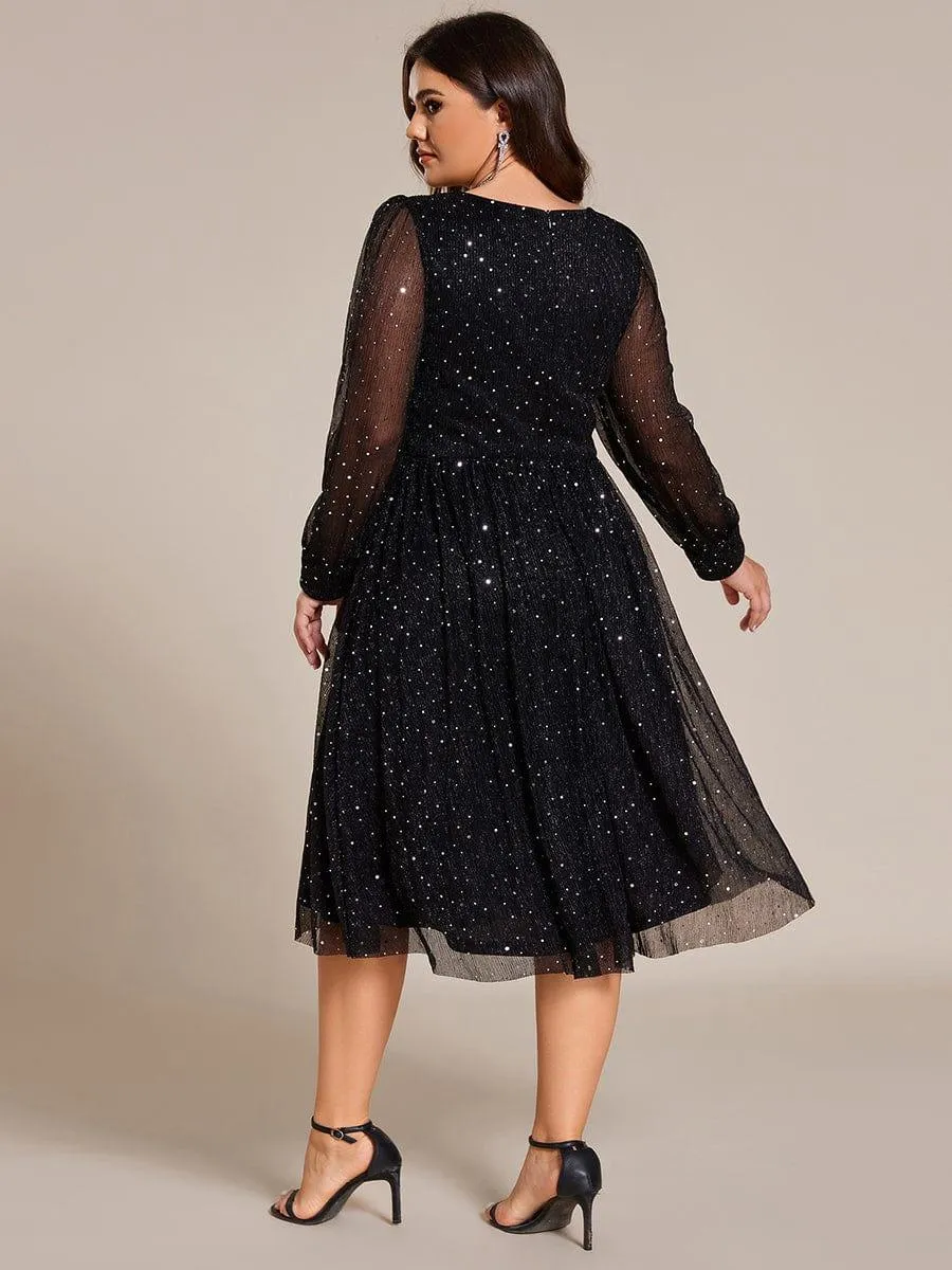 Robe de mariée mi-longue pailletée grande taille à manches longues