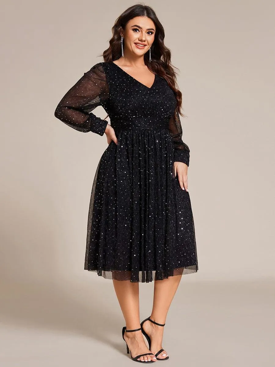 Robe de mariée mi-longue pailletée grande taille à manches longues