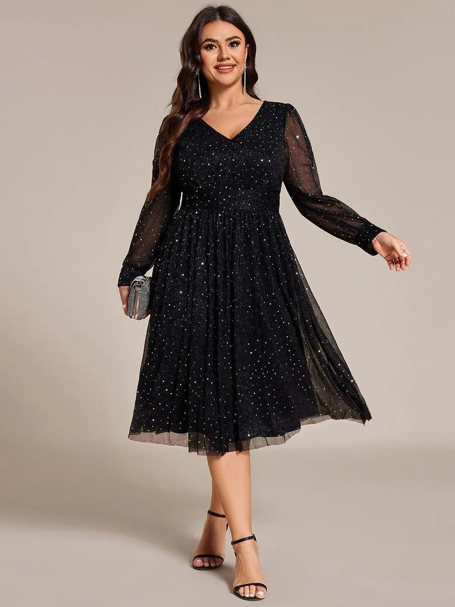 Robe de mariée mi-longue pailletée grande taille à manches longues
