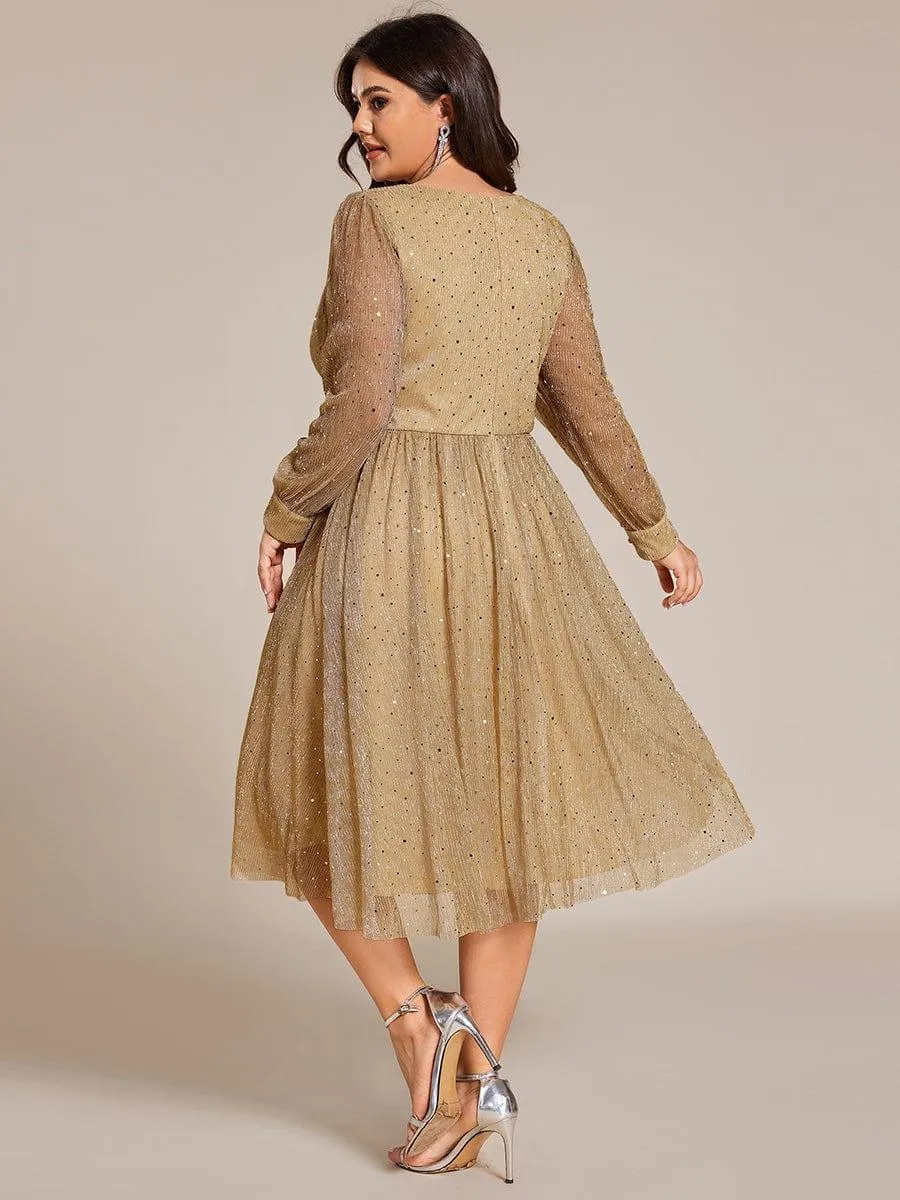 Robe de mariée mi-longue pailletée grande taille à manches longues