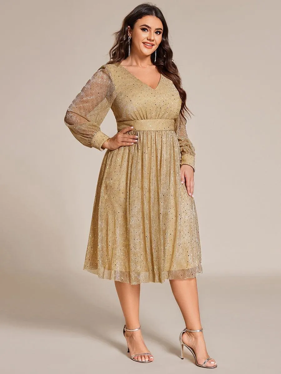 Robe de mariée mi-longue pailletée grande taille à manches longues