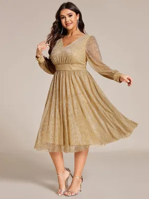Robe de mariée mi-longue pailletée grande taille à manches longues