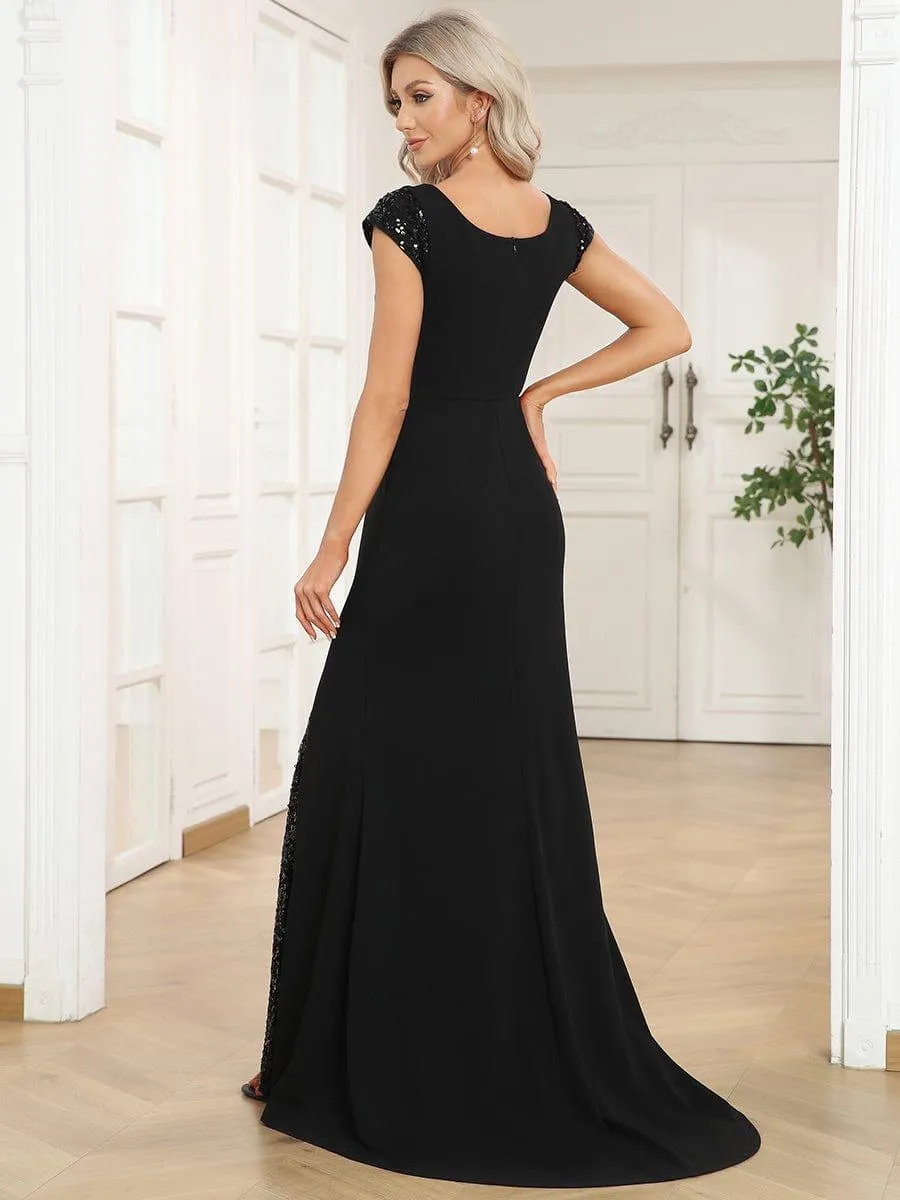 Robe de soirée trapèze à manches courtes et col en V à sequins(Vente finale)