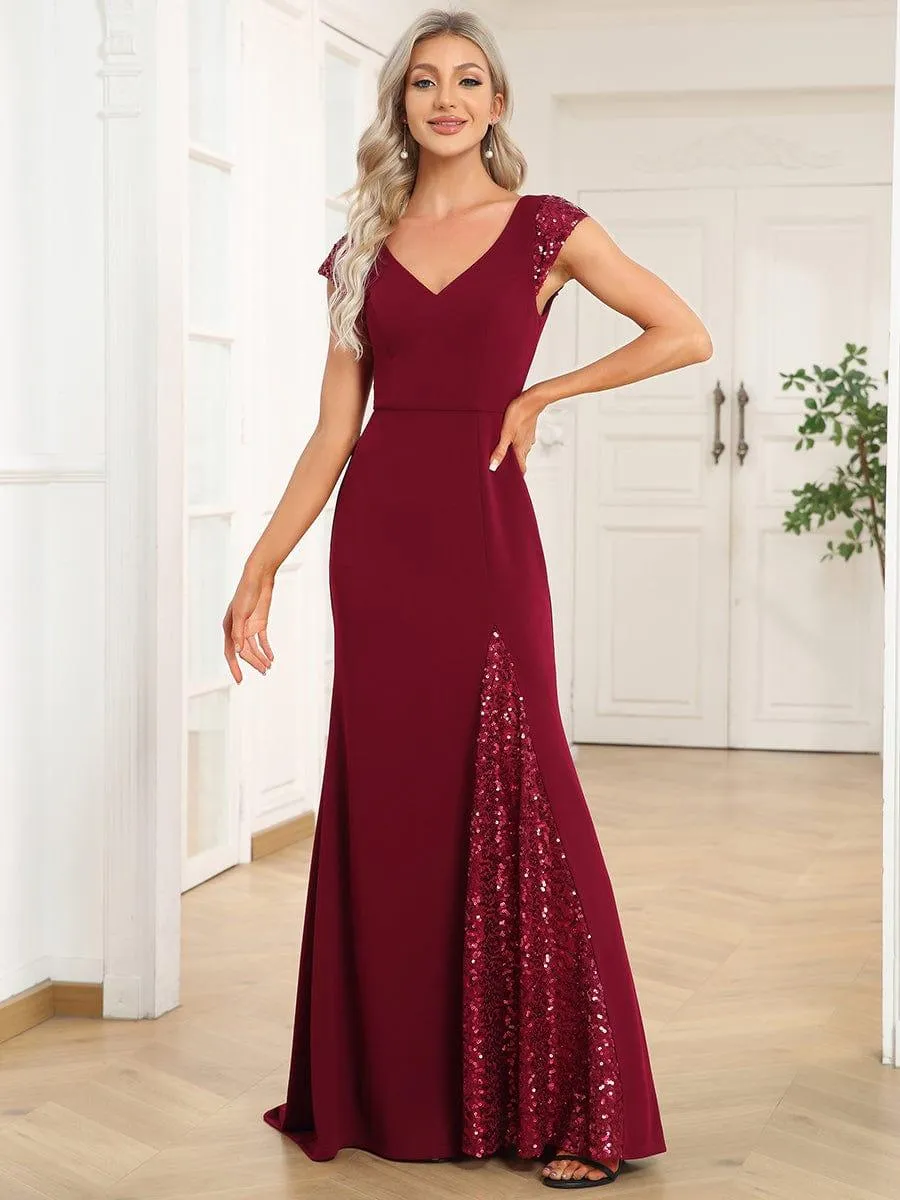 Robe de soirée trapèze à manches courtes et col en V à sequins(Vente finale)