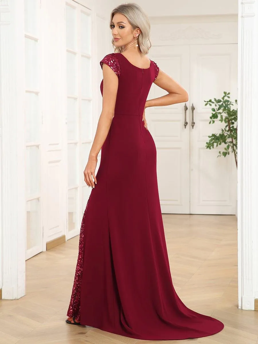 Robe de soirée trapèze à manches courtes et col en V à sequins(Vente finale)