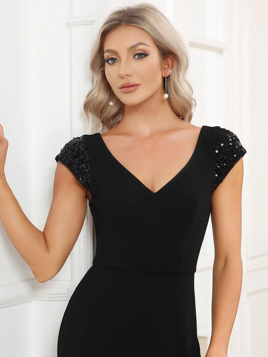 Robe de soirée trapèze à manches courtes et col en V à sequins(Vente finale)
