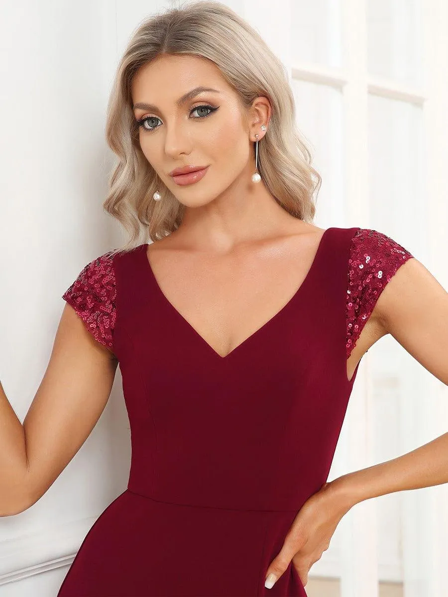 Robe de soirée trapèze à manches courtes et col en V à sequins(Vente finale)