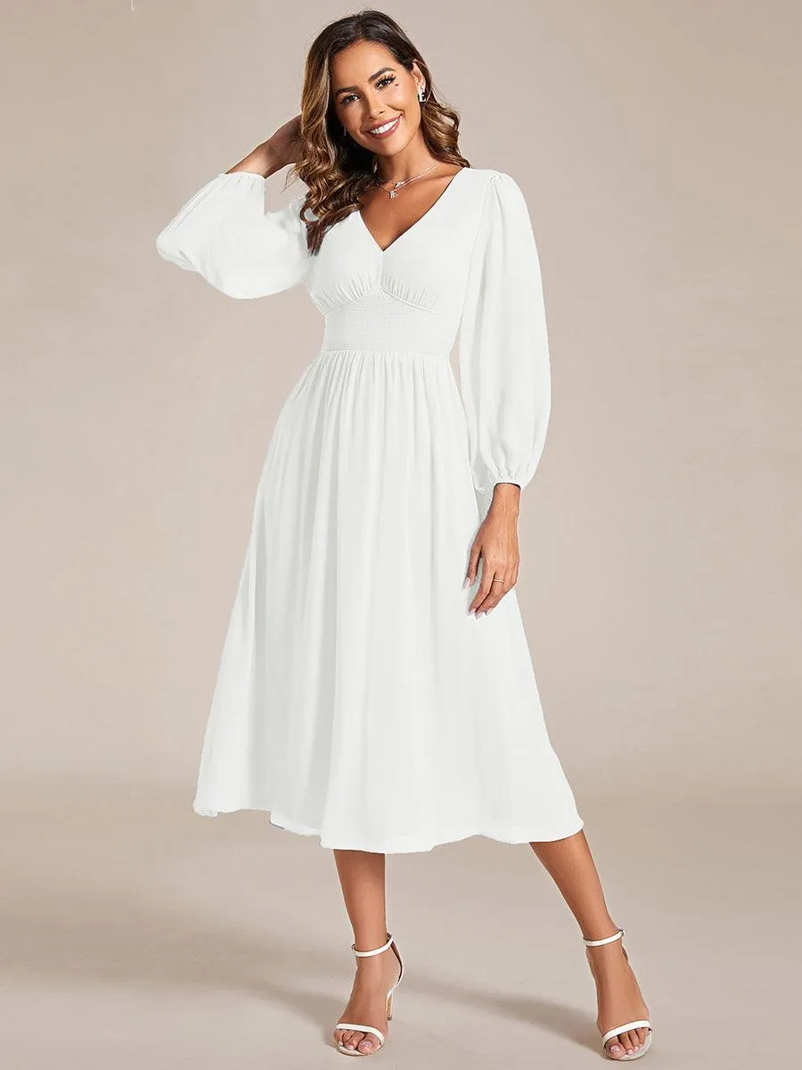 Robe invité mariage mi-longue élégante à col en V et manches longues