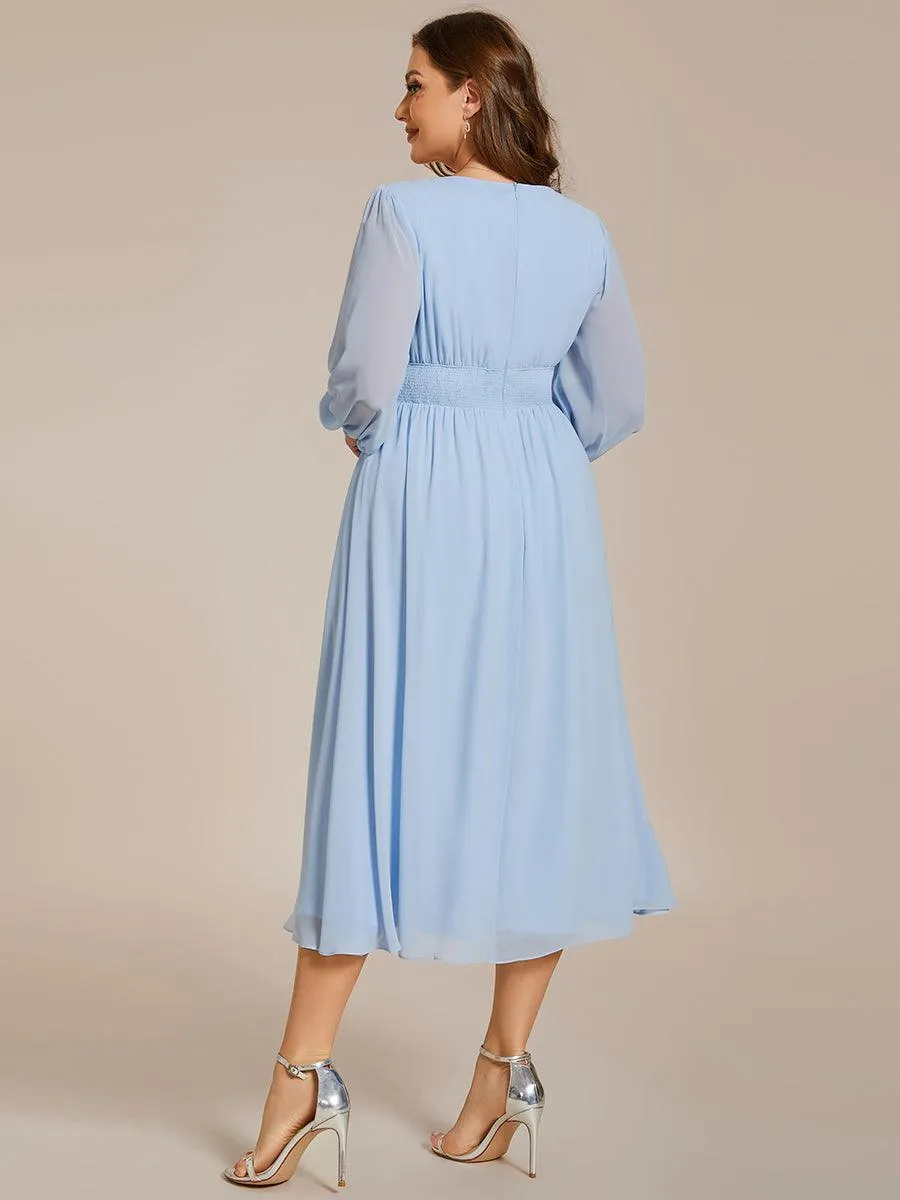 Robe invité mariage mi-longue élégante à col en V et manches longues